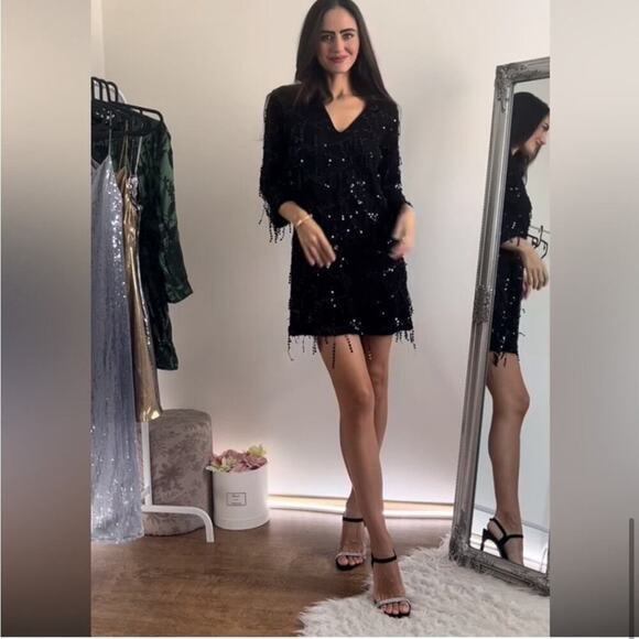 Zara Black FRINGED SEQUIN MINI DRESS Size Large - Picture 1 of 14